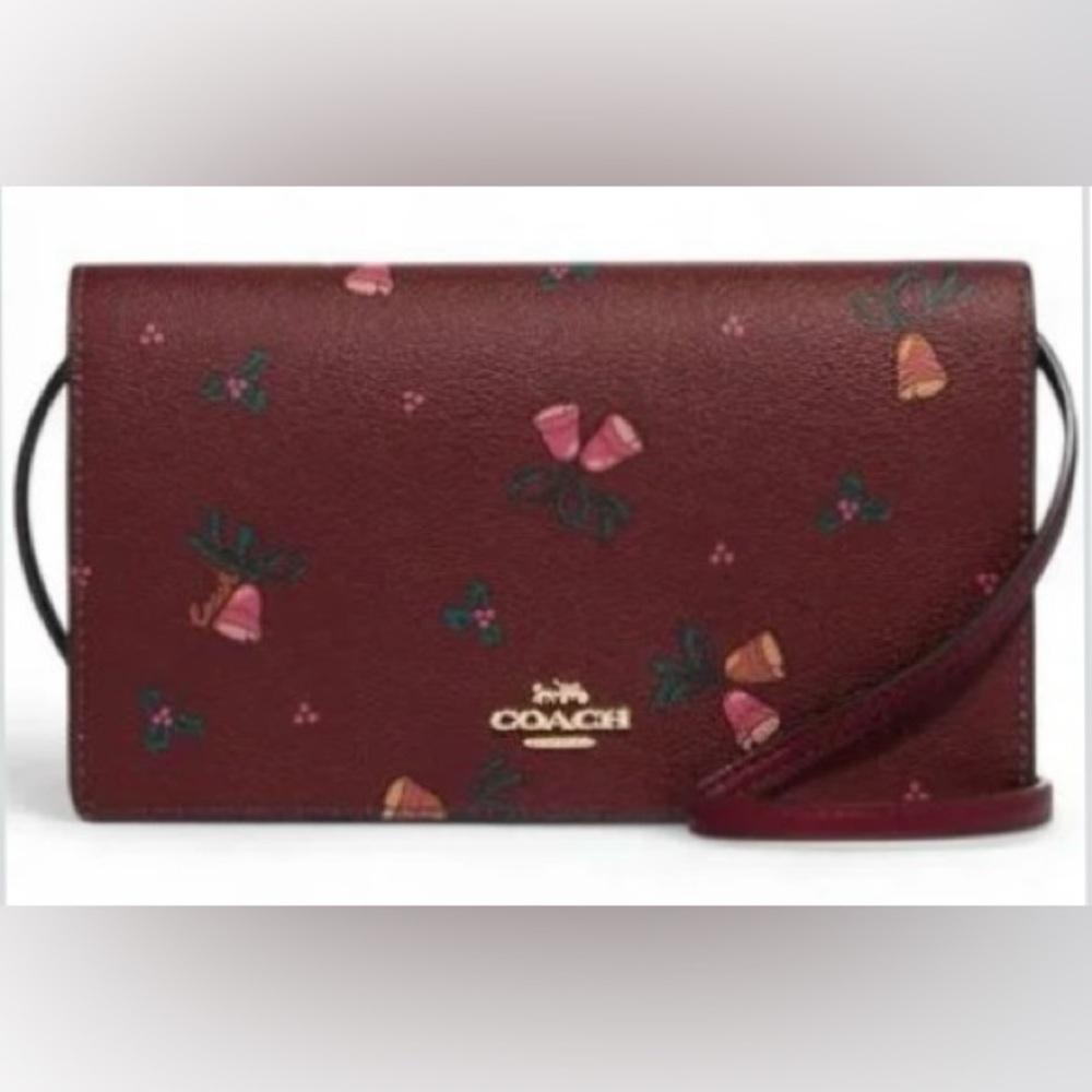 HP x 2 Coach Anna Fold Over Crossbody Clutch Bag Limited Holiday Bells Print NWT
